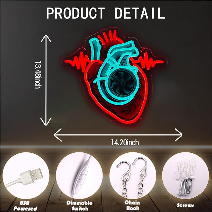 human heart Neon Sign USB Turbo LED Light for Bedroom Garage Party Decor | Brighten your space with a modern Heart Neon Sign, designed to create a warm and stylish atmosphere for bedrooms, garages, gaming rooms and party décor.