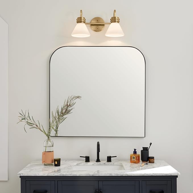 Kichler Farum 2-Light Bathroom Vanity Light, Champagne Bronze | Modern vanity light with opal glass for bathroom mirrors (19.25" x 9.5"), 55154CPZ