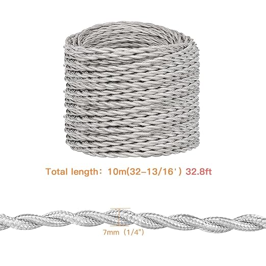 Helunsi 32.8ft Round Cloth Covered Wire,182 Fabric Covered Electrical Cord, 18 Wire Gauge 2-Conductor Rayon Covered Electrical Wire, Vintage Braided Cloth Lamp Cord, DIY Projects (Brown and White)