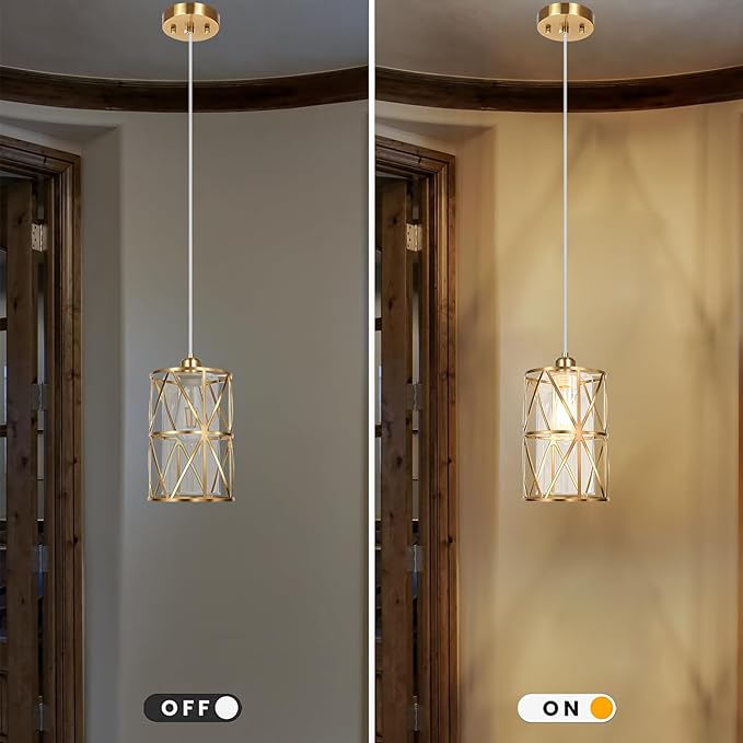 5.4"×7.9" Brushed Gold Pendant Light, Modern Kitchen Pendant Lighting Over Island, Pendant Lighting with Clear Glass Shade, Glass Pendant Lights Kitchen Island, Foyer, Dining Room, Entryway
