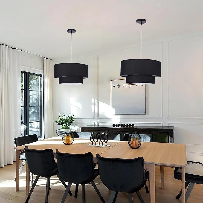 Black Drum Pendant Light Fixtures, 18” Double Drum Chandelier with Fabric Lampshade E26 Base, 3 Light Dining Room Light Fixture, 2-Tier Chandelier for Bedroom and Kitchen(Bulb not Included)