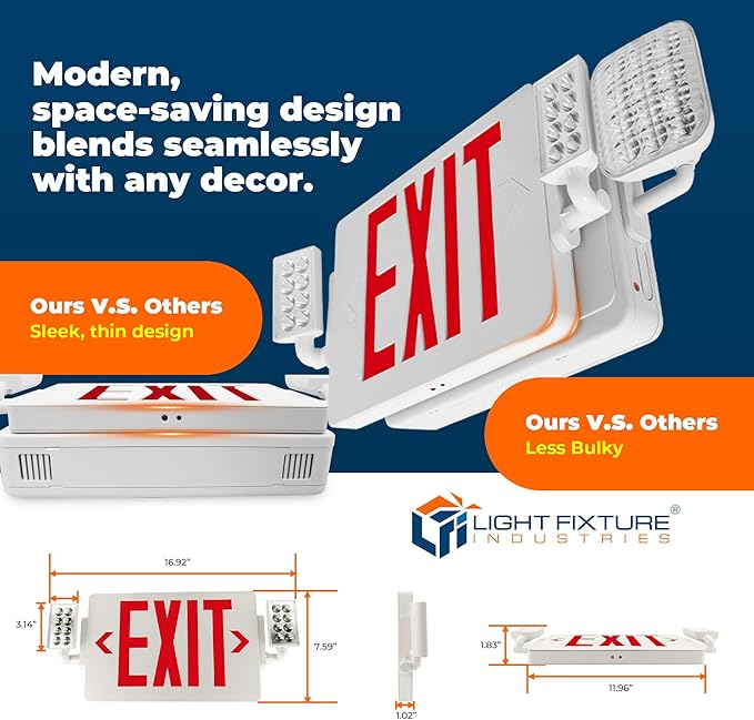 LFI Lights® Thin COMBO UL 924 Listed, Red LED, Exit Sign with Emergency Lights, White, 120-277VAC Hardwired with Battery Backup, Optional Double Face and Knock Out Arrows COMBOTRWBB