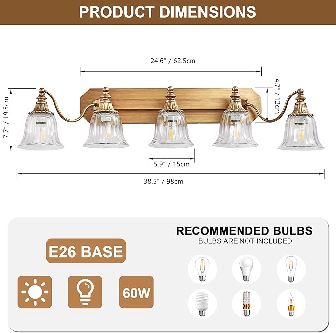 Gold Vintage Bathroom Light Fixtures, 5-Lights Bathroom Vanity Light, Antique Brushed Gold Lighting Fixtures Over Mirror with Crystal Glass Shade, Wall Sconce Lighting