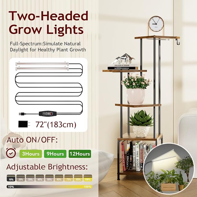 Plant Stand Indoor with Grow Light - 5-Tier Metal Plant Shelf with Hanging Basket Hook, Corner Tall Flower Holder for Multiple Plants, Living Room Balcony Garden Patio, Rustic Brown