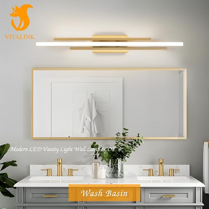 VitaLink Modern Gold Vanity Light Bathroom Wall Light Fixtures Over Mirror 35 Inch Long Dimmable 3-Light LED Bathroom Wall Lighting 5CCT(3000K/3800K/4500K/5200K/6000K)