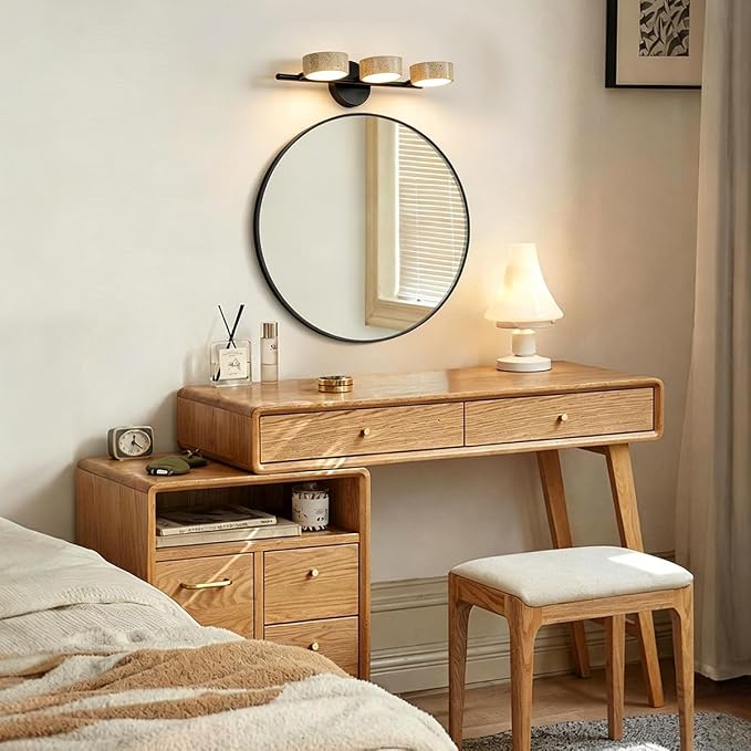 Led Bathroom Lighting Fixtures Over Mirror with 3 Travertine Shades,Vanity Lights Wall Lamp, 180° Rotatable Stone Lampshades Bathroom Lights, Modern Farmhouse Stone Sconces Black