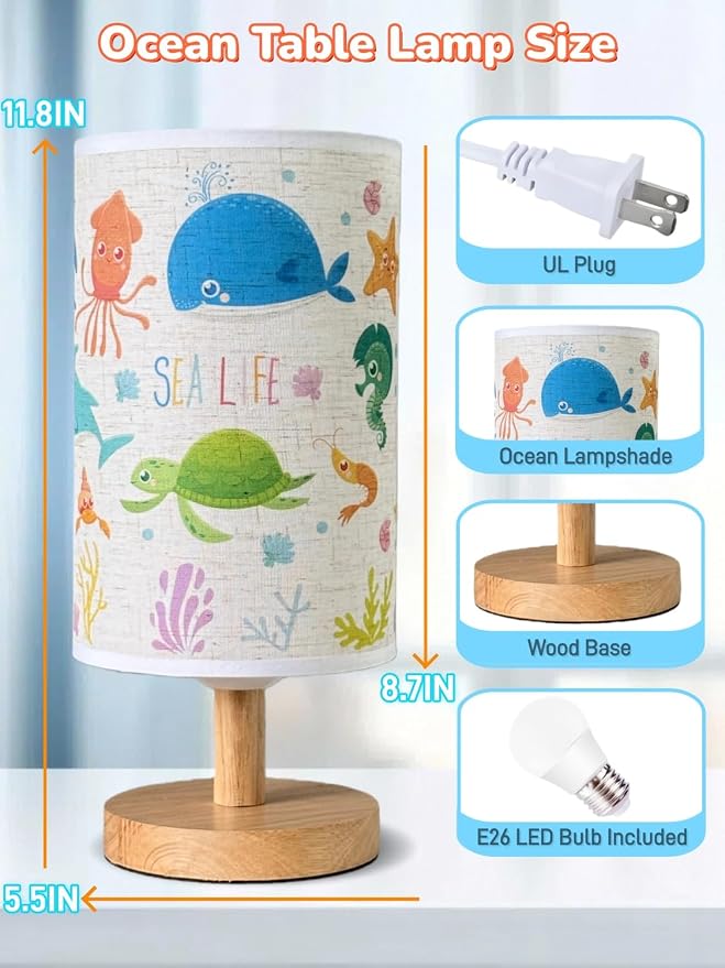 Ocean Lamp,Ocean Kids Table Lamp for Bedroom Bedside Lamps,Gifts for Sea Lovers-3 Color LED Nightstand Night Light with Cartoon Flaxen Fabric Shade Desk Lamp for Girls Boys Room Nursery Decor