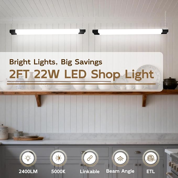 hykolity 2FT LED Shop Lights,22W (200W Equivalent) 2400LM,2 Pack | 5000K Daylight White, Linkable Garage Light for Ceiling, Workshop, Basement, Hanging or Surface Mount with Plug,Black - ETL