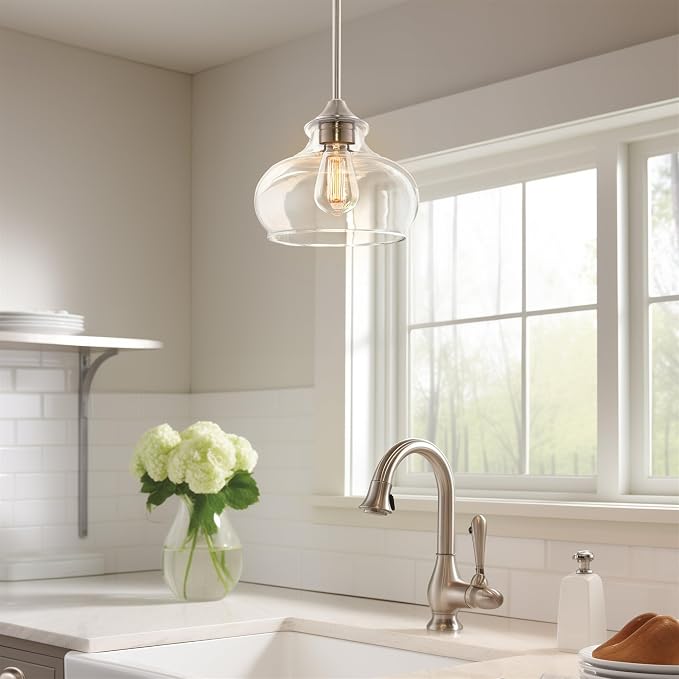 Kira Home Harlow 9" Modern Schoolhouse Pendant Light for Ktichen Island | Clear Glass Shade, Industrial Farmhouse Silver Hanging Fixture, Premium Brushed Nickel Finish