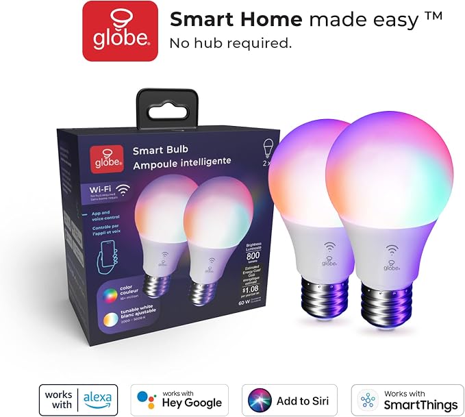 Globe Electric 34207 Wi-Fi Smart 10 Watt (60W Equivalent) Multicolor Changing RGB Tunable White Frosted LED Light Bulb 2-Pack, No Hub Required, Voice Activated, 2000K - 5000K, A19 Shape, E26 Base