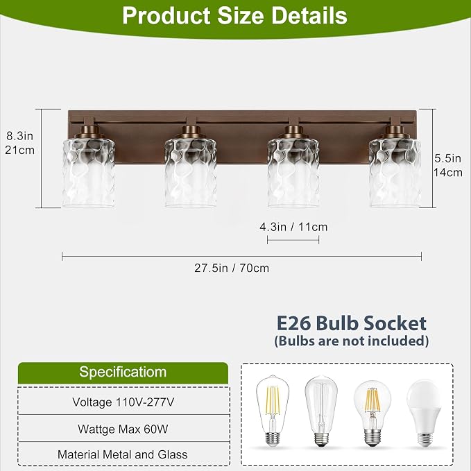 Modern Bathroom Lighting Fixtures Over Mirror, Vanity Lights for Bathroom, Wall Sconces with Clear Glass Shades, E26 Ceramic Socket, 4-Light 27.5-inch Oil-Rubbed