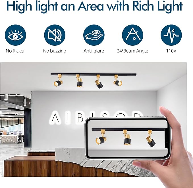 10W H Track Lighting Heads 3000K Warm White Track Light Head Flxible Bright Black Gold Dimmable LED Track Lighting Fixtures for Accent Kitchen Office, Flicker Free CRI90+ 24° 900lm Pack of 4