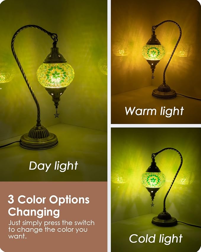 Yarra-Decor Turkish Moroccan Lamp with Bronze Base 3 Color Options Handmade Swan Neck Mosaic Glass Bedside Lamps for Bedroom (LED Bulb Included)(Green2)