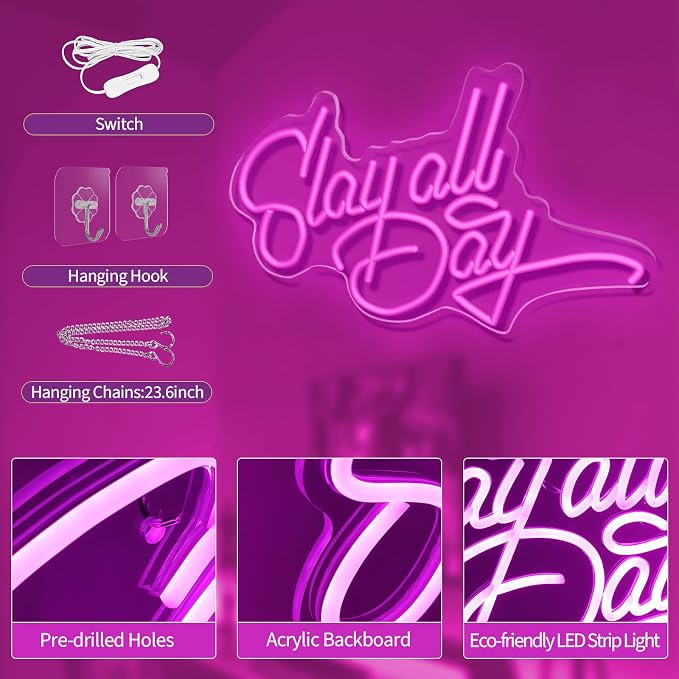 JEDAEMEN Slay All Day Neon Signs for Wall Decor Pink LED Sign Neon Lights | Pink Led Light Sign Preppy Room Decor Light Up Sign for Birthday Party Decoration USB Powered