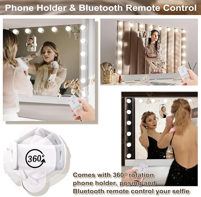 Hansong 32x23'' Large Vanity Mirror with Bluetooth Selfie Control, Ultra Thin Hollywood Mirror with 18 Bulbs, Makeup Mirror with 3 Color Lights and Phone Holder, Tabletop Mirror or Wall Mount