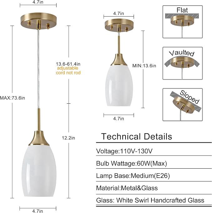 Viinew Mini Glass Pendant Light,4.72" White Glass Hanging Light | Handblown White Swirl Hanging Pendant Lamp 1-Pack Art Glass Chandelier for Kitchen Dining Room Brushed Gold