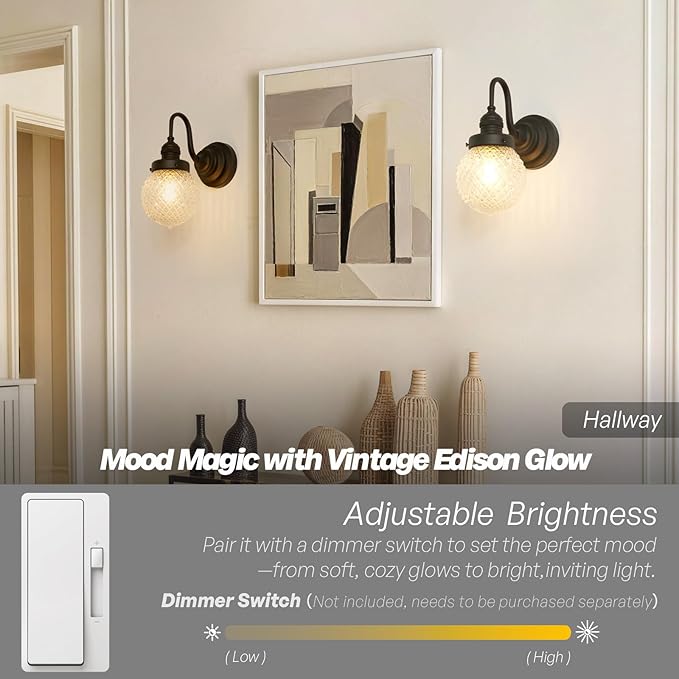 Black Wall Sconce Farmhouse Bathroom Vanity Light,Clear Glass | Vintage,Hardwired Indoor,Hand-Blown Thick Glass,for Bathroom Mirror Kitchen Hallway,UL-Listed E26 Socket