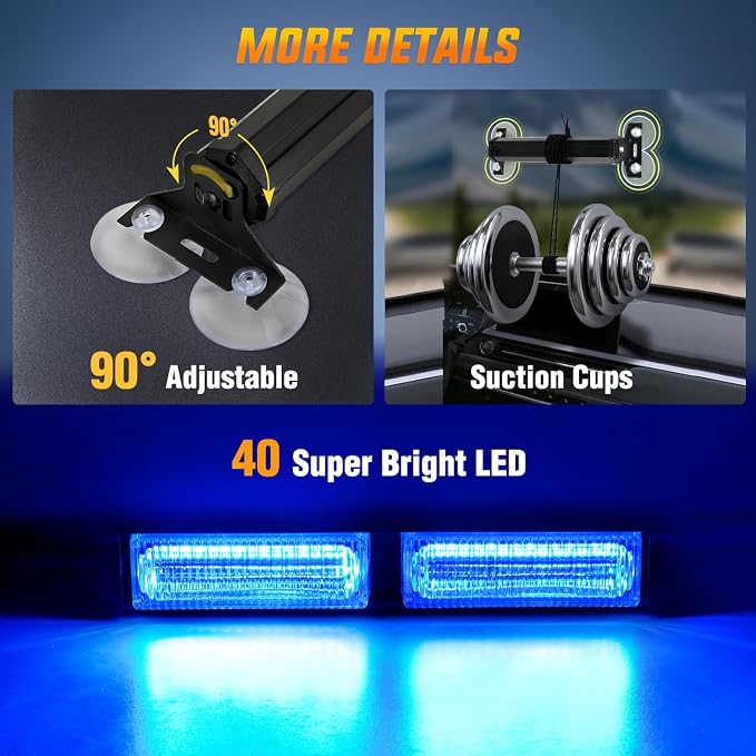 Nilight 40LED Blue Emergency Strobe Traffic Advisor Light Bar with Suction Cups Dash Safety Warning Hazard Flashing Lights Interior Front/Rear Windshield for Trucks Construction Vehicles | with Suction Cups Dash Safety Warning Hazard Flashing Lights In...