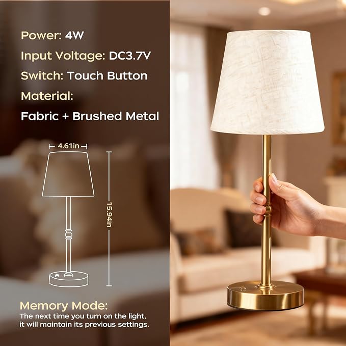 Cordless Table Lamp Rechargeable, 6000mAh Battery Operated LED Lamp with USB-C, Touch Control Stepless Dimmable Small Gold Fabric Lamp for Kitchen Counter, Small Spaces, Bedroom, Living Room 2PCS
