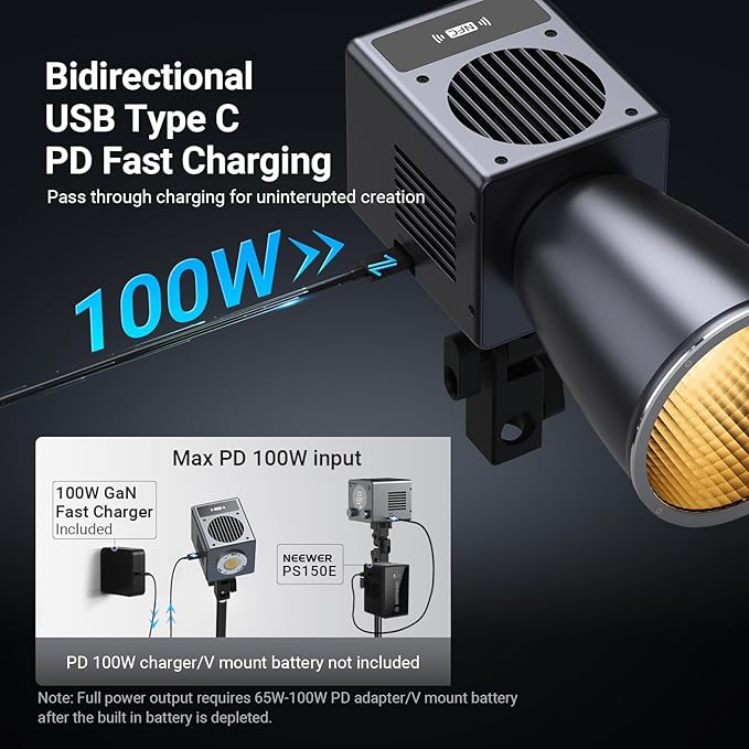 NEEWER 60W Mini LED Video Light with 50Wh Battery/100W PD Fast Charging, APP/2.4G Control/NFC, Bi Color Dimmable COB Studio Continuous Output Lighting 44,800 lux/1m 2700-6500K CRI97+ 12 Scenes, HB60B