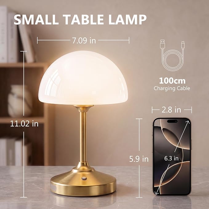 Table Lamp Cordless Lamp,5000mAh Rechargeble Battery Operated Lamp | Small Bedside Desk Lamp 11.02" with Glass Shade 3-Way Dimmable Portable LED Table Light,for Outdoor,Dinner,Patio(Gold)