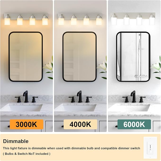 IZORRO Bathroom Vanity Light Fixture, 4-Light 30 Inch Brushed Nickel Bathroom Light Fixtures Over Mirror, with White Glass Shade, Modern Farmhouse Vanity Lights, Rustic Restroom Lighting Fixtures