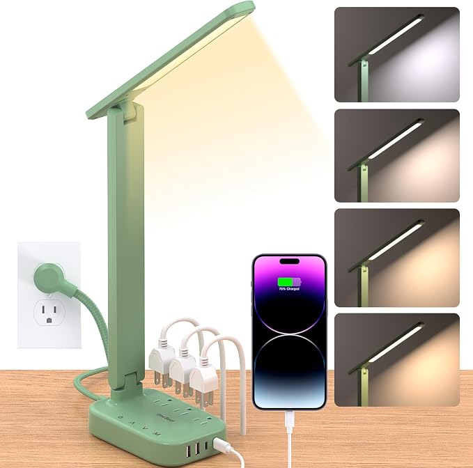 LED Desk Lamp Power Strip with 4 USB 3 Outlets, Dorm Room Essentials, Green | One Beat 4 Modes 5 Level Brightness Touch Lamp, Small Desk Lamp for Home Office College Dorm Essentials, Study Reading Light