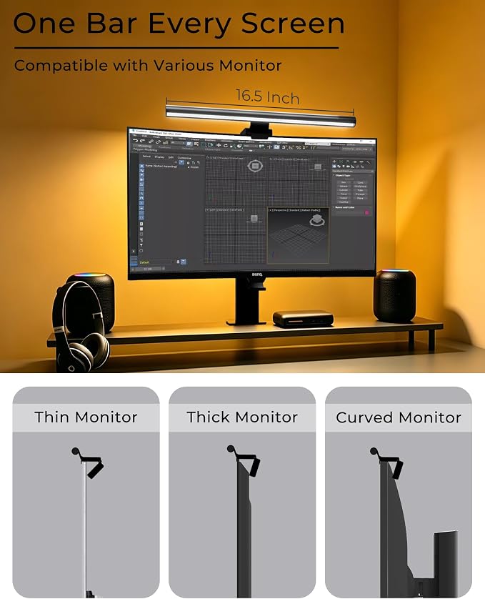17.5" Monitor Light Bar for Flat & Curved Screens (0.3"-1.4"), Ultrawide Eye-Care Desk Lamp with Asymmetric No-Glare Light, Stepless Dimming, Premium Aluminum Screen Bar for Home Office