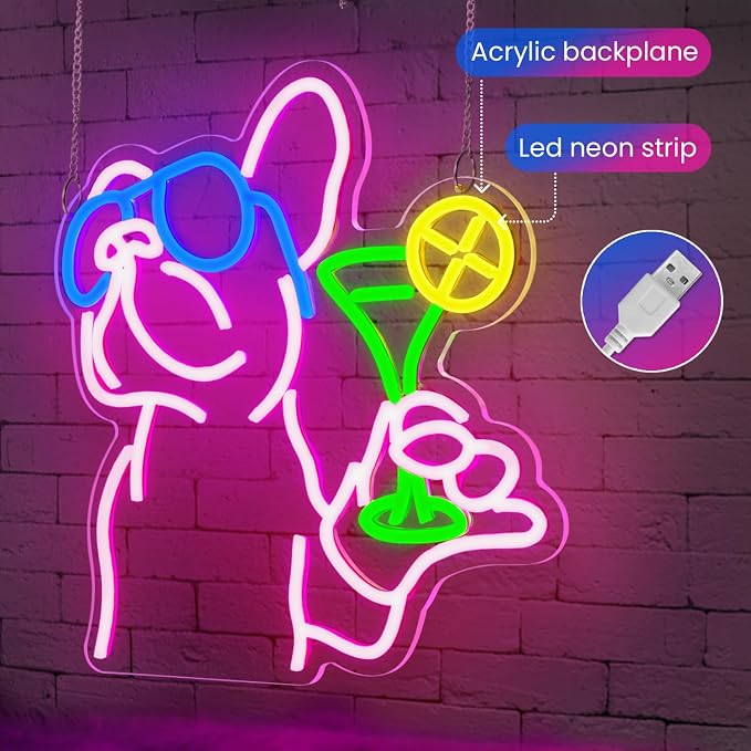 French Bulldog Neon Sign - Cool Dog Drinking Cocktail LED Neon Light for Wall Decor, Dimmable Funny Animal Neon Sign for Home Bar, Pub, Man Cave, Party, Unique Gift for Dog Lovers