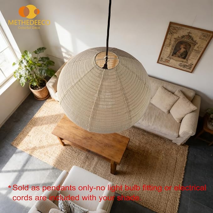 METHEDEECO Oval Hanging Lamp Shade, 16 Inch, White with Beige | Faux Linen, Pendant Lamp Shade, Foldable Fabric Replacement Shade, Minimalist, For Bedroom Living Room Kitchen