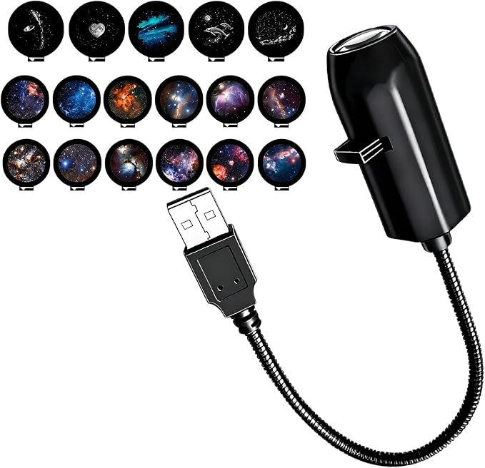 Plug and Play Star Projector Night Light – HD Glass Lens, 360° Flexible Neck, USB Powered, Interchangeable Theme Discs, Portable Galaxy Lamp for Bedroom, Home Theater, Car, or Travel (17 Slides)
