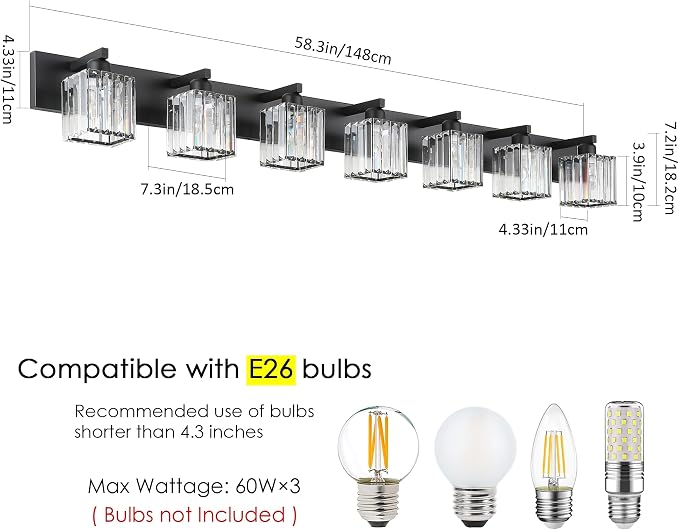 Aipsun Black Vanity Light Crystal Bathroom Lighting Fixtures Modern Bathroom Vanity Light 7 Light (Exclude Bulb)