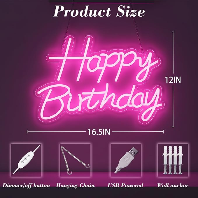 Happy Birthday Neon Sign for Backdrop, LED Happy Birthday Light Up Sign, USB Powered Dimmable Neon Light for Birthday Party Decorations, Wall Decor, Pink, 16.5 x 12 inch