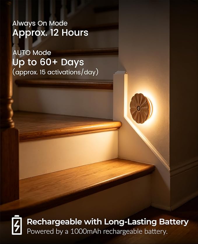 Rechargeable Motion Sensor Light Indoor, Wood Flower Night Light, Magnetic | Warm White 3000K, Ash Wood Flower USB Rechargeable Light, Wireless Lighting for Hallway Bedroom Kitchen , Magnetic Stick-on