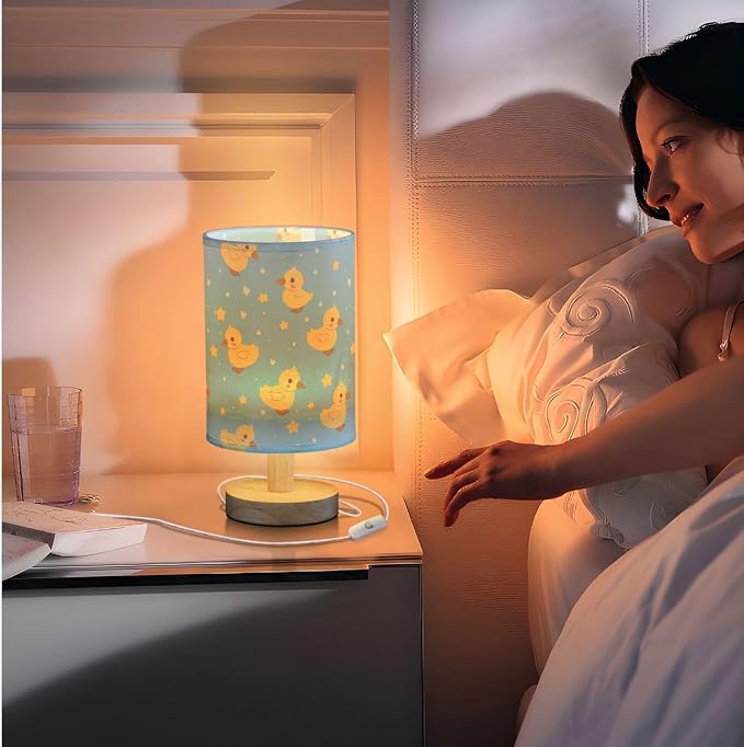 Hand Draw Yellow Duck and Hearts Stars Table Lamp for Bedroom USB Port Lamps Small Accent Table Lamp Nightstand Lamp Sturdy Linen Shade Wooden Base Decorative Lamps for Bedside Reading|Kids|Dorm|Home
