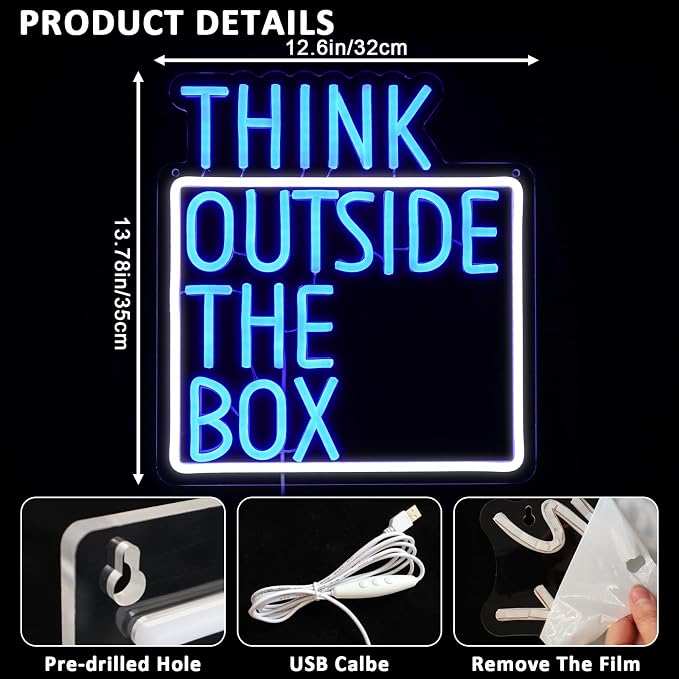 Think Outside The Box Neon Sign for Wall Decor, Creative Thinking Led Signs for Bedroom, USB Dimmable Neon Lights for Classroom Home Club Motivational Quote Office Wall Art