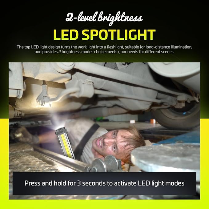 WARSUN 2PC Rechargeable 1500LM COB LED Work Light-Magnetic Hands-Free Trouble Light with Hook, IPX4 Waterproof for Garage Repair, Mens Fathers Gifts-Emergency Light Tool for Men (Yellow)