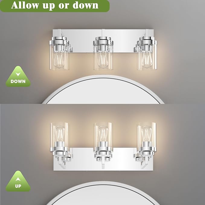 Chrome Light Fixtures, 3 Light Bathroom Vanity Light with Clear Glass Shade, 22in Modern Vanity Light, Bathroom Lighting Fixtures Over Mirror for Living Room