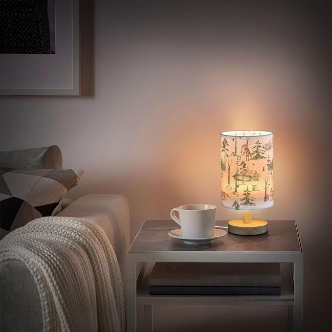 Table Lamp Watercolor Woodland Animal Pattern Fox Rabbit Hedgehog Bird Nightstand Lamp with Wood Base Fabric Lamp Shade Bedside Desk Lamp for Living Room Bedroom Kids Room Office
