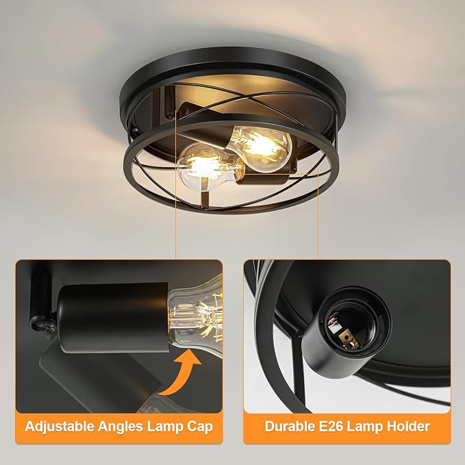 Farmhouse Lights,Black Industrial 2 Pack Round Metal Flush Mount Hallway & Bedroom Ceiling Lamp, Kitchen Round Lights (Bulbs Not Included)
