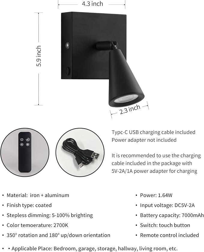 Battery Operated Wall Sconce Set of 2, Wall Lamp with Remote, 7000mAh Dimmable Magnetic 350° Swivel Cordless Rechargeable Wall Lights for RV Bedroom Bedside Hallway Gallery Wall Decort - Black