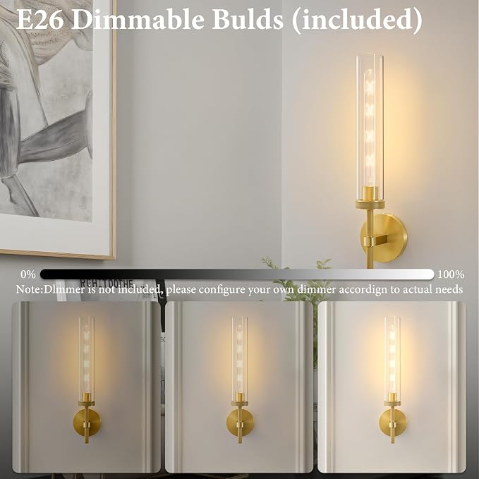 Brass Knurled Tube Wall Sconce - Luxury Modern Glass Sconces with Bulbs - Vertical Mounted Light Fixture - Gold Dimmable Indoor Lighting for Vanity Mirror Bathroom Bedroom Living Room Hallway