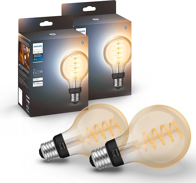 Philips Hue Smart 60W G25 Filament LED Bulb - White Ambiance Warm-to-Cool White Light - 2 Pack - 550LM - E26 - Indoor - Control with Hue App - Works with Alexa, Google Assistant and Apple Homekit