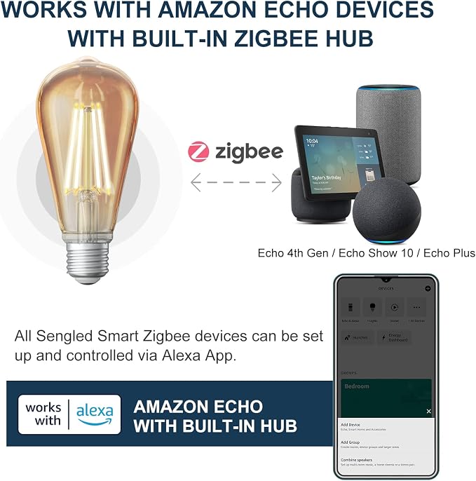 Sengled Zigbee Edison Bulb, Smart Hub Required, Work with SmartThings and Echo with Built-in Hub, Dimmable Filament ST19 LED Smart Vintage Edison Bulb, Voice Activated with Alexa, 2000K/60W Eqv. 2PK