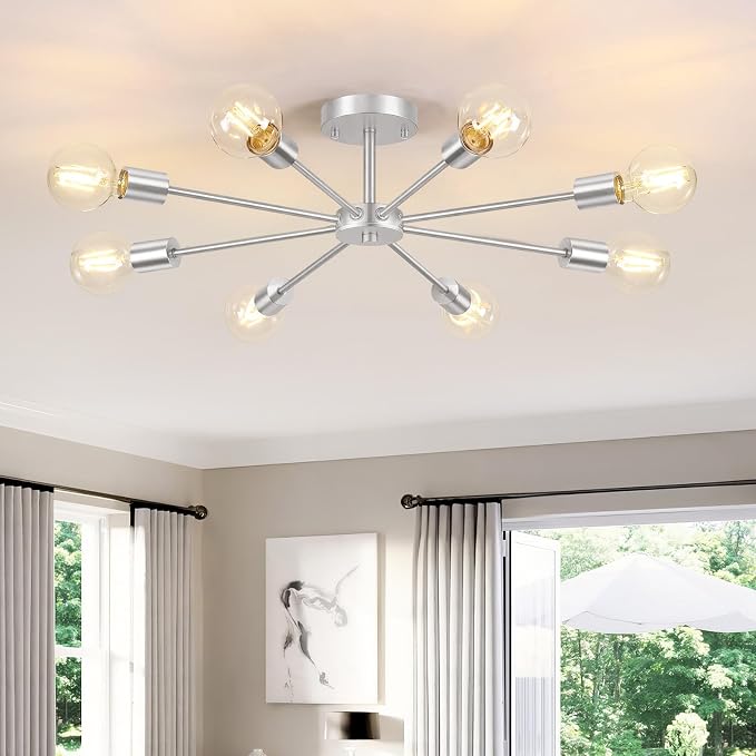 Lomoky 8-Lights Brushed Nickel Semi Flush Mount Ceiling Light Fixture, Modern Sputnik Hallway Light Fixtures Ceiling, E26 Close to Ceiling Lighting for Bedroom Dining Room Hallway