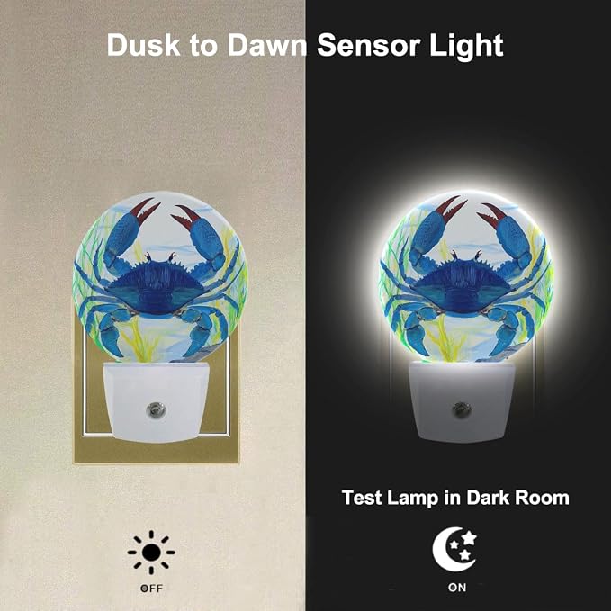 Blue Crab Night Light Shellfish Sea Grass Night Lights Plug into Wall 0.5W LED Lighting Auto on/Off for Hallway Stairway Kitchen Home Decor