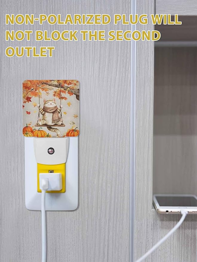 Thanksgiving Night Lights Plug into Wall LED Night Light Fall Pumpkin Cute Cat Maple Leaf Vintage Automatic Dimmable Dusk-to-Dawn Square Shaped Smart Nightlight for Bathroom/Bedroom