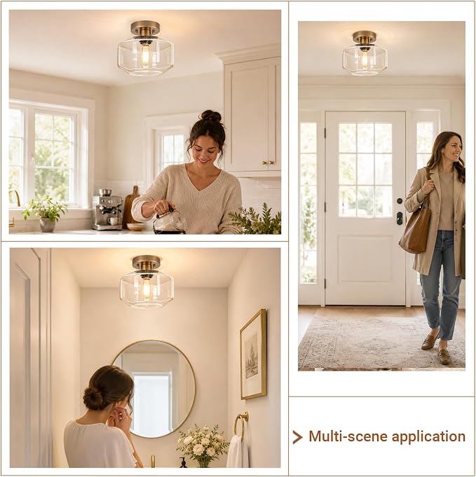 Brushed Antique Brass Semi Flush Mount Ceiling Light, Vintage Small Ceiling Light Fixture, Hallway Lighting Fixture with Bubble Glass, Kitchen Ceiling Mount Light for Entry Way, Bedroom, Bathroom