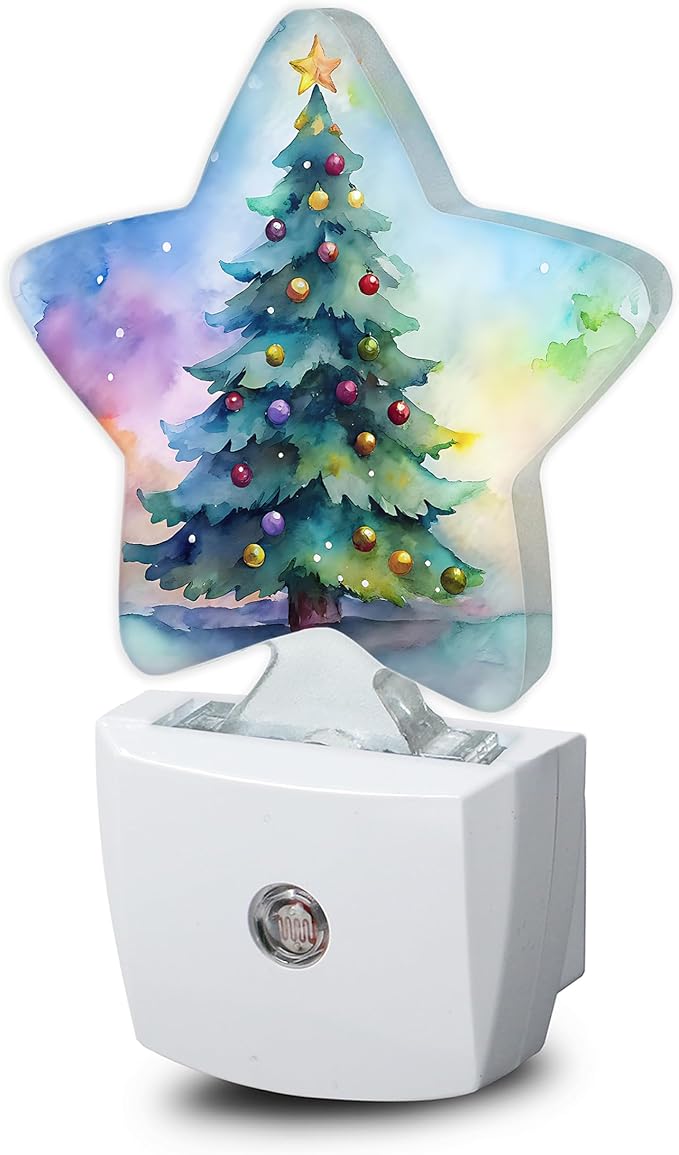 Night Light,Christmas Tree Plug into Wall with Dusk to Dawn Light Sensors,Green Watercolor Warm Star Nightlights for Bedroom,Bathroom,Hallway,Kitchen Home Decor Desk Lamp