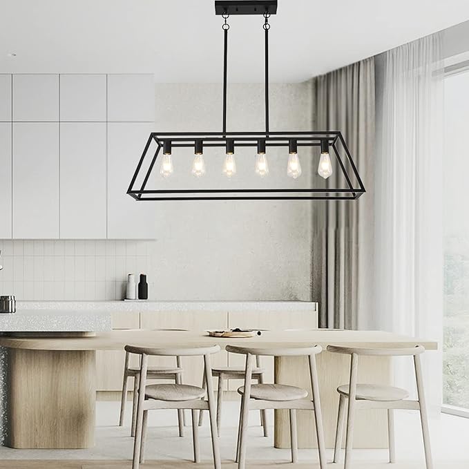 Farmhouse Rectangle Chandeliers for Dining Rooms, Modern Linear Hanging Light Fixture Matte Black 6-Light Industrial Pendant Lighting for Kitchen Island
